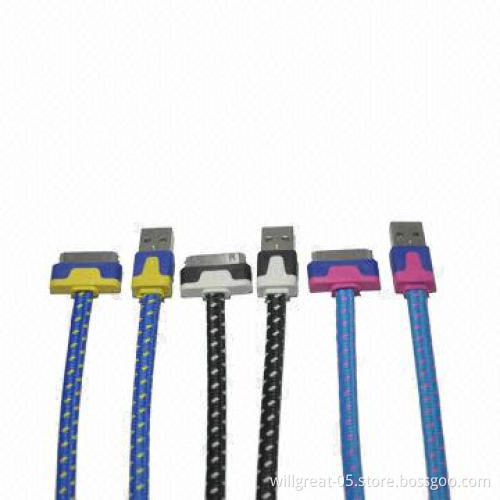 Flat fabric cable for iPhone 4/4s, charging and sync, 10 colors available